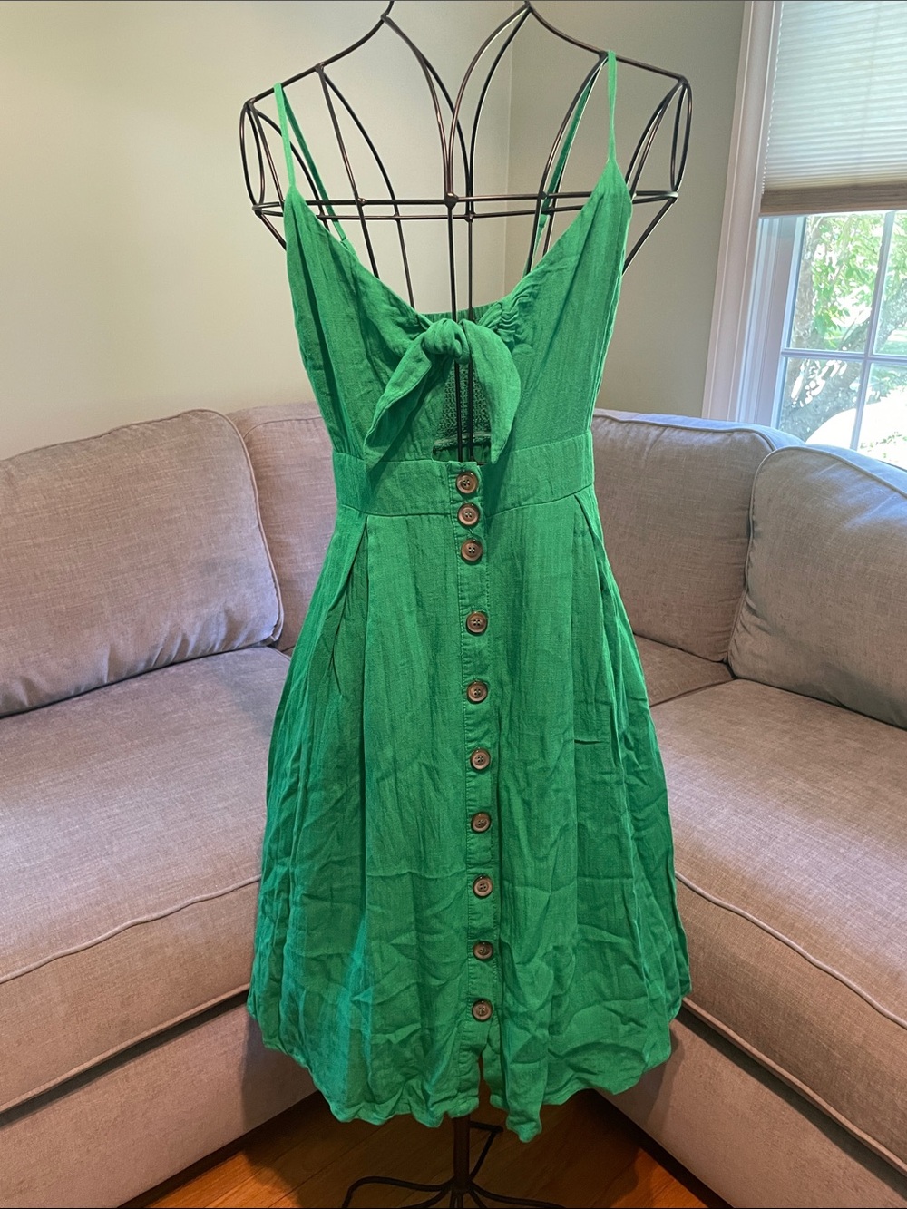 Lulu's Emerald Green Tie-Front Button Midi Dress